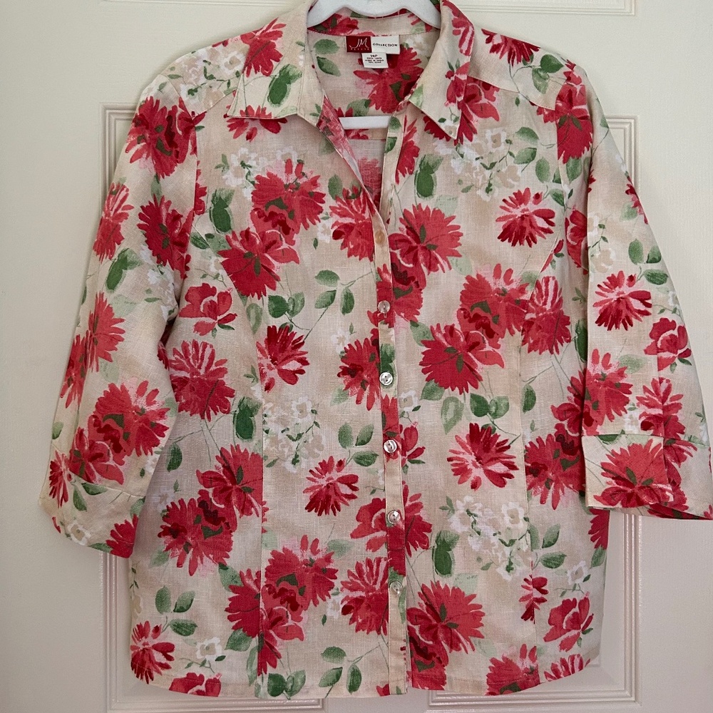 J M Collection Button Down Linen Top Floral NWOT 14 Petite